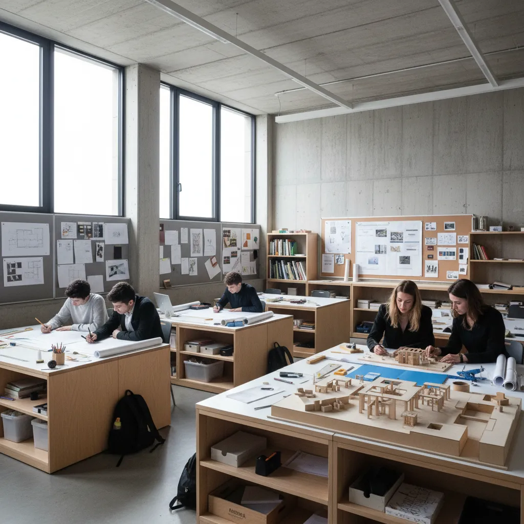 Clase de estudiantes de interiorismo trabajando en maquetas y planos