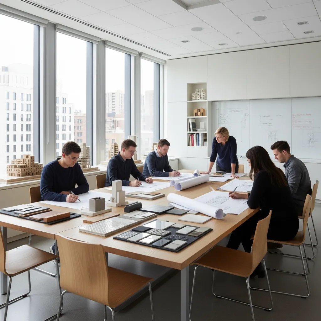 Clase de interiorismo con estudiantes analizando planos y materiales