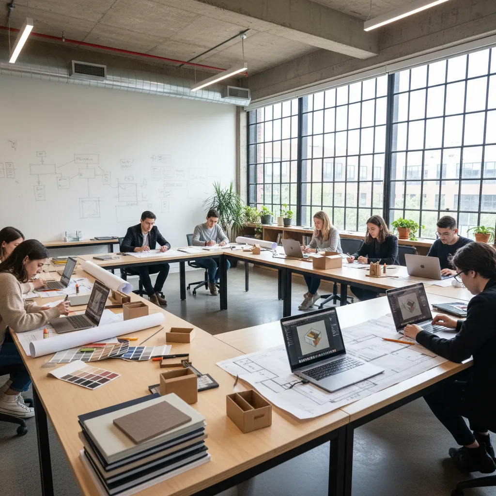 Estudiantes trabajando en planos y modelos 3D de interiores en un aula de diseño