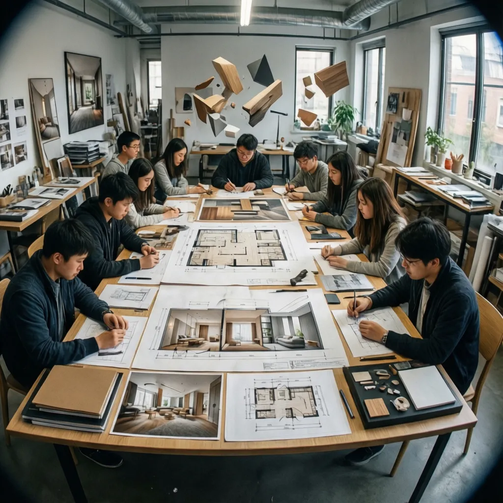 Clase práctica de diseño de interiores con estudiantes revisando planos