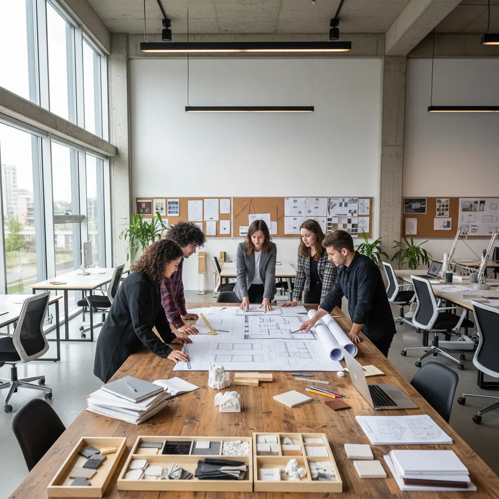 Five interior design students stand around a table reviewing a floor plan in a studio
