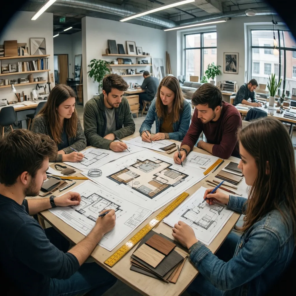 Group of interior design students sitting around a table drawing floor plans with pencils and rulers