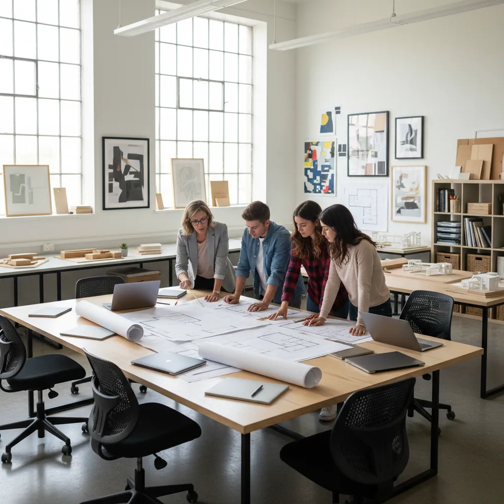 Clase de estudiantes analizando planos de interiores y distribución de espacios
