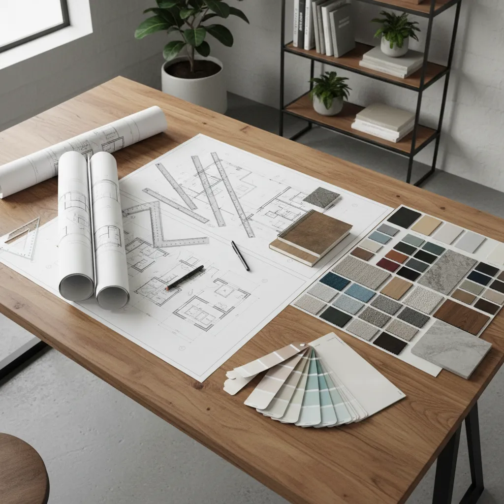 Mesa de trabajo con planos de interiorismo y muestras de materiales