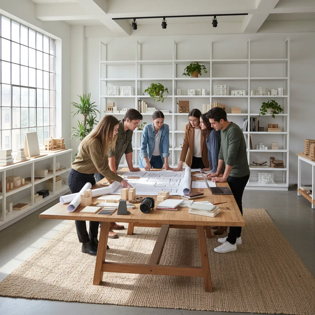 estudiantes analizando planos de interiorismo en una mesa de trabajo