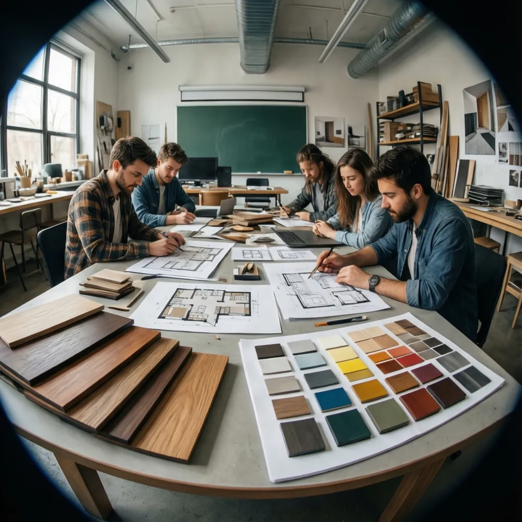 Estudiantes revisando planos y muestras de materiales en una clase de interiorismo