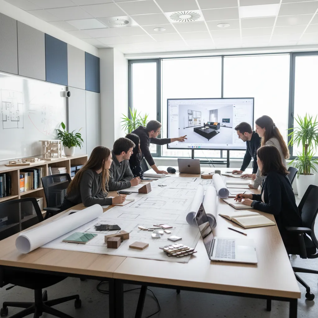 clase práctica de diseño de interiores con estudiantes revisando planos