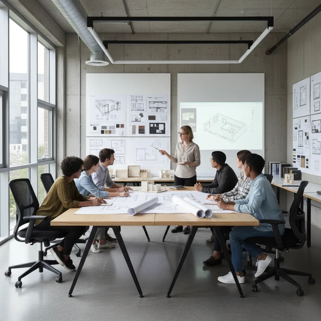 Teacher pointing at screen showing room designs while students sit around a large wooden table