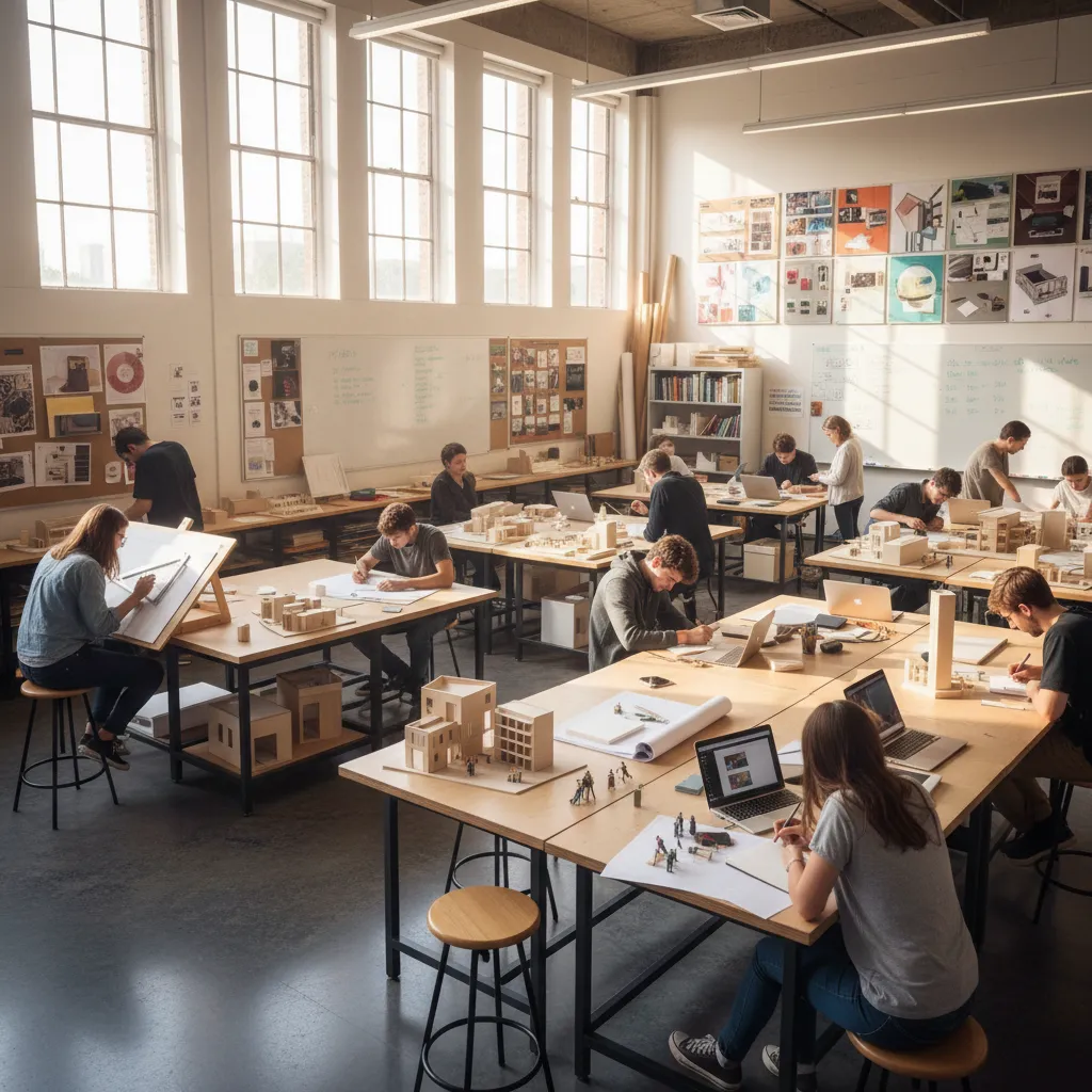 aula universitaria de diseño de interiores con estudiantes trabajando en planos y maquetas