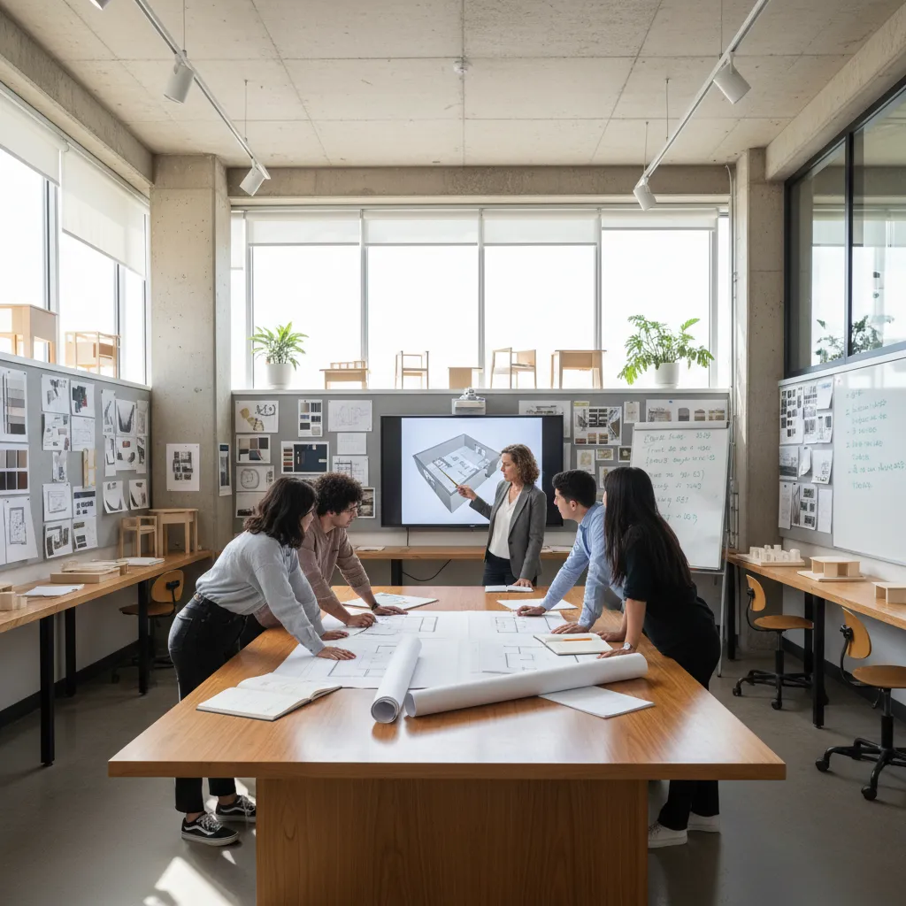 Clase universitaria de diseño de interiores con estudiantes revisando planos
