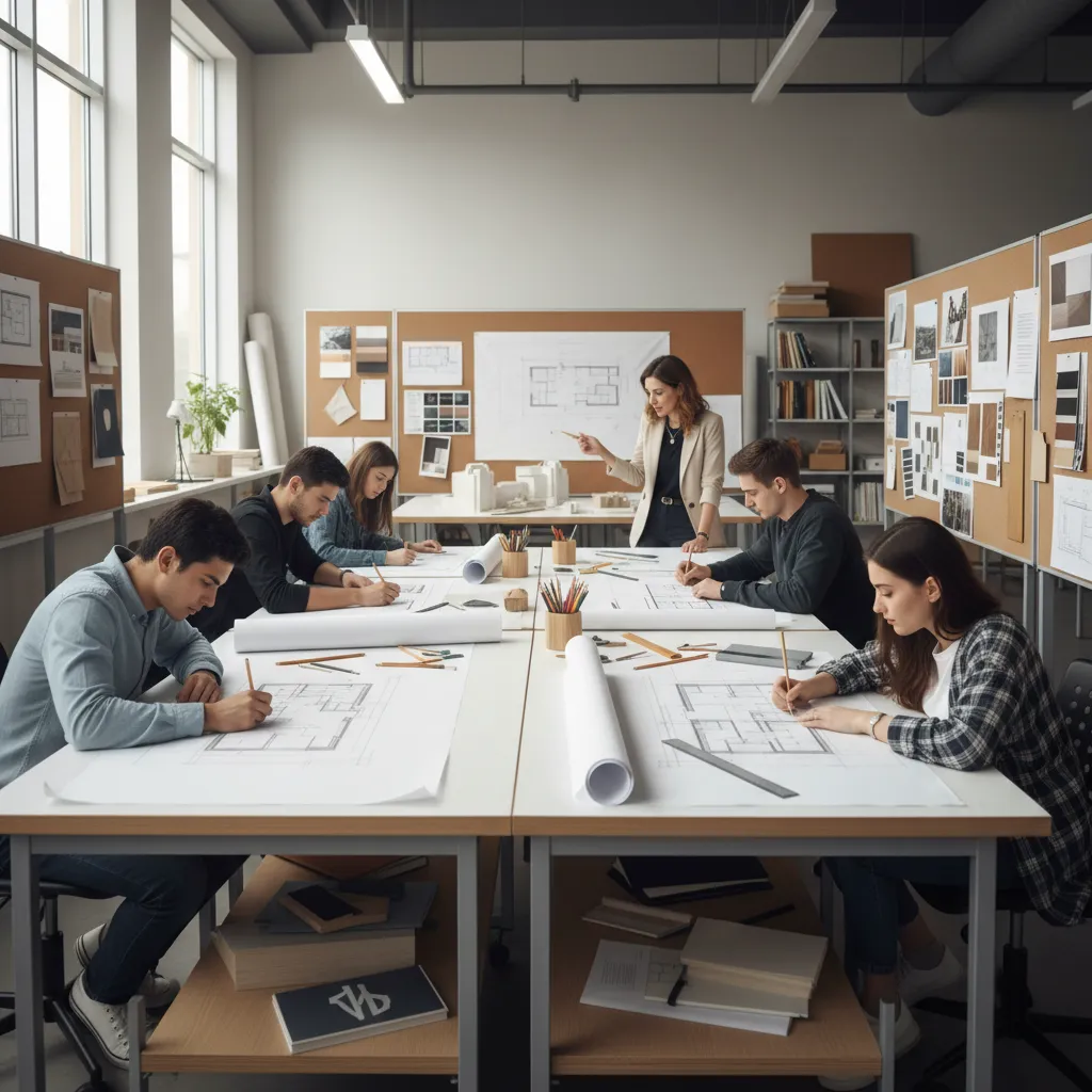 Students in interior design class drawing floor plans on tables while teacher explains room layout