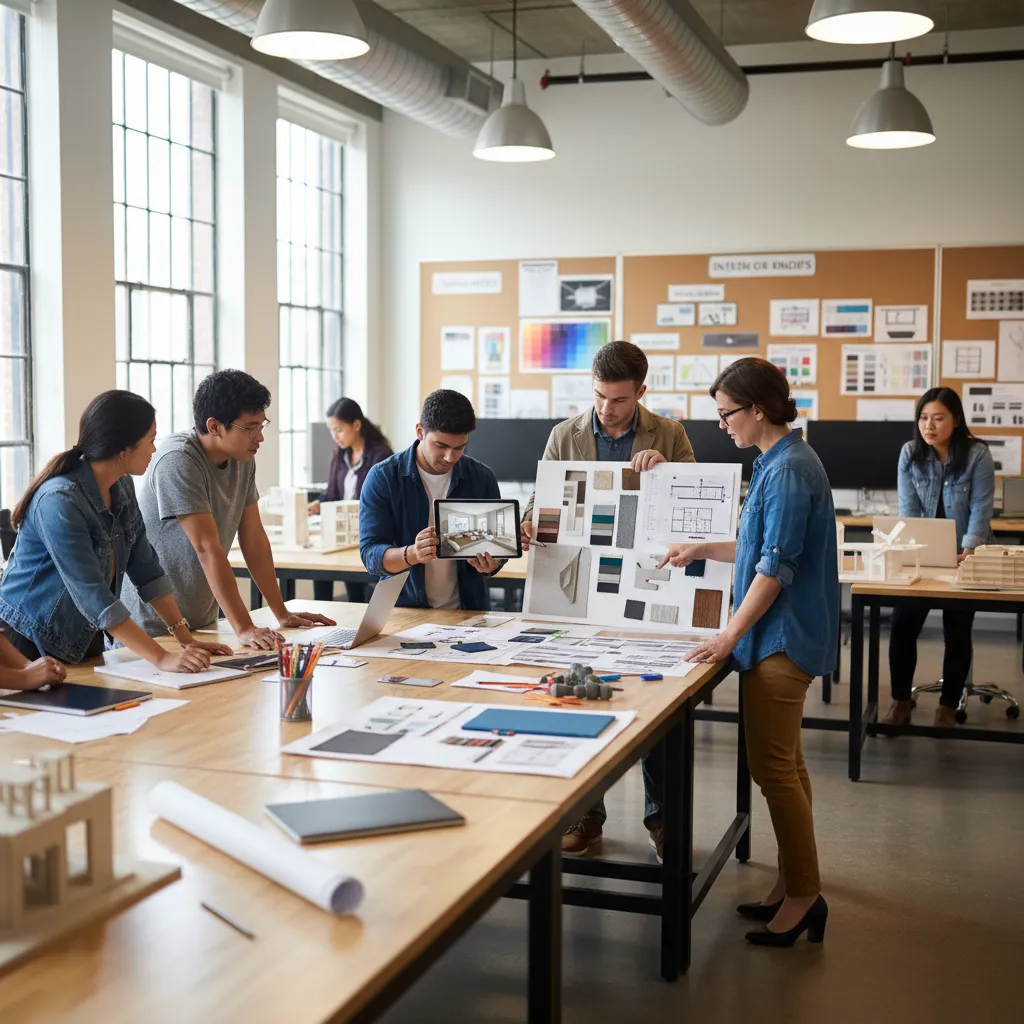 Design students working together around table with room layout drawings and building material board samples