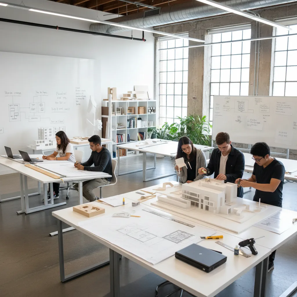 Estudiantes de diseño de interiores trabajando en maquetas y planos en una clase