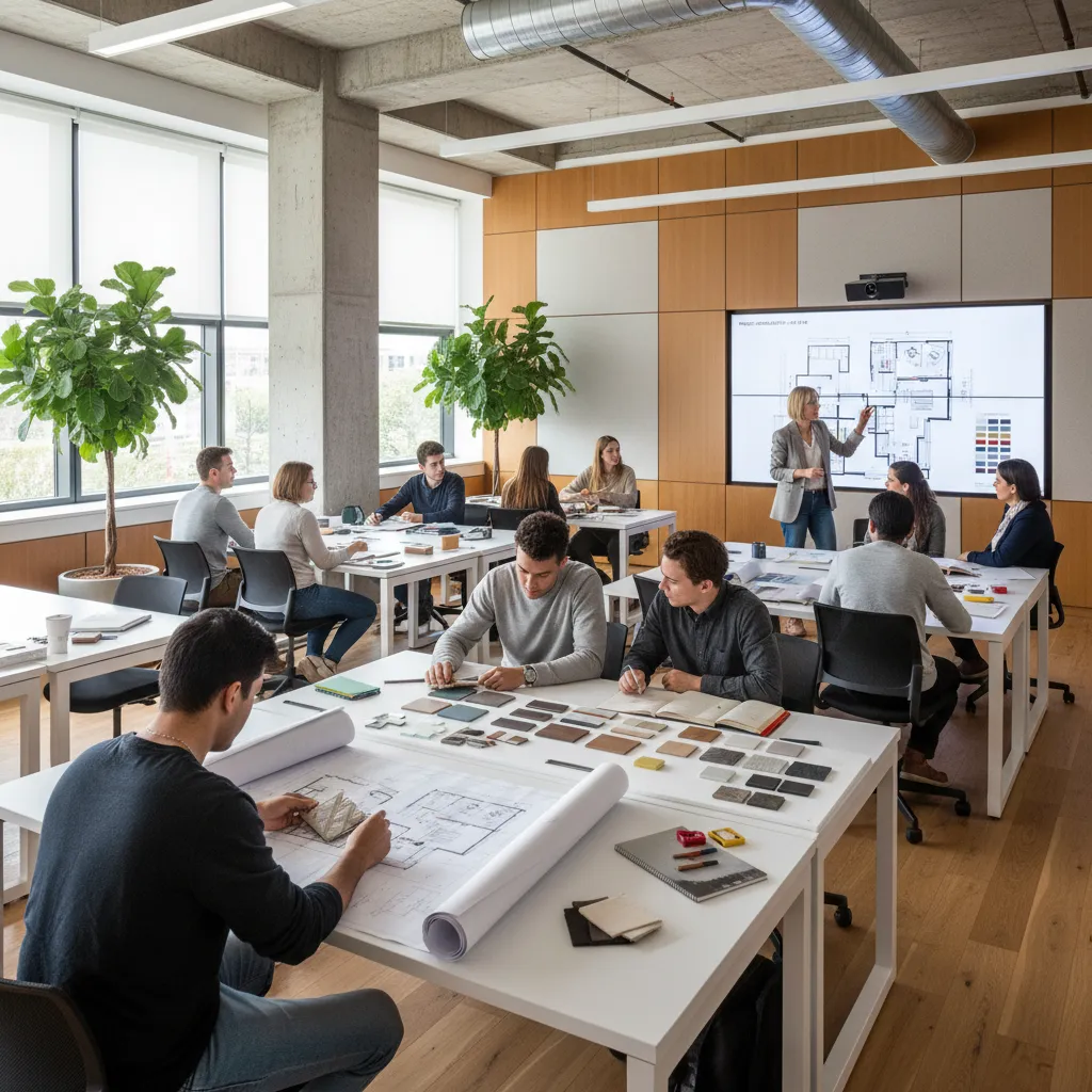 Clase universitaria de diseño de interiores con estudiantes revisando planos