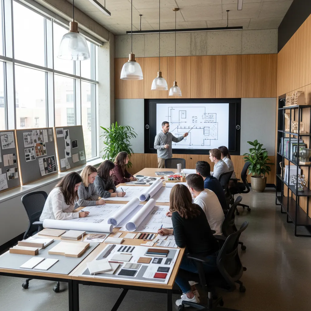 Aula universitaria de diseño de interiores con estudiantes trabajando en planos