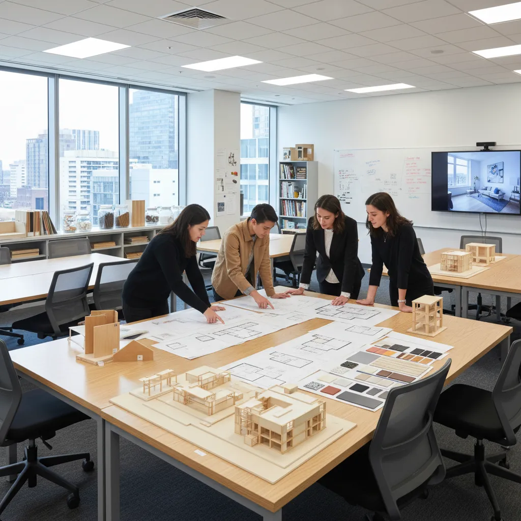 Four students reviewing large paper floor plans and small building models on a classroom table