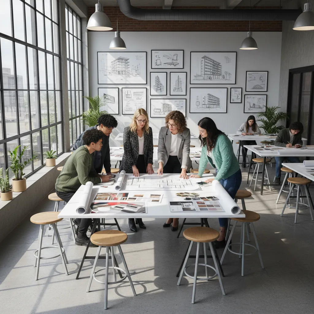 Group of students discussing interior design drawings on a white table in a bright studio