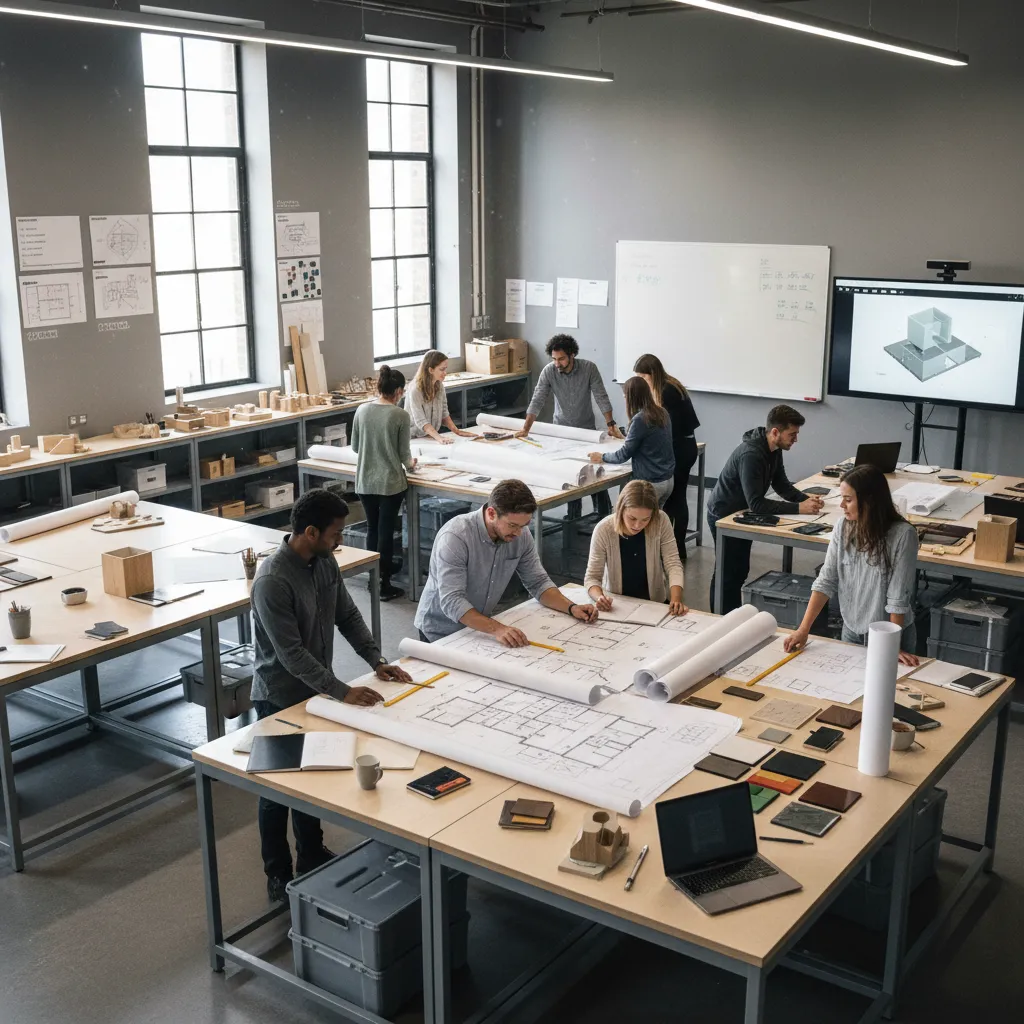 Clase universitaria de diseño de interiores con estudiantes revisando planos