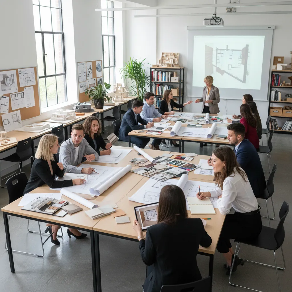 Clase universitaria de diseño de interiores con estudiantes revisando planos