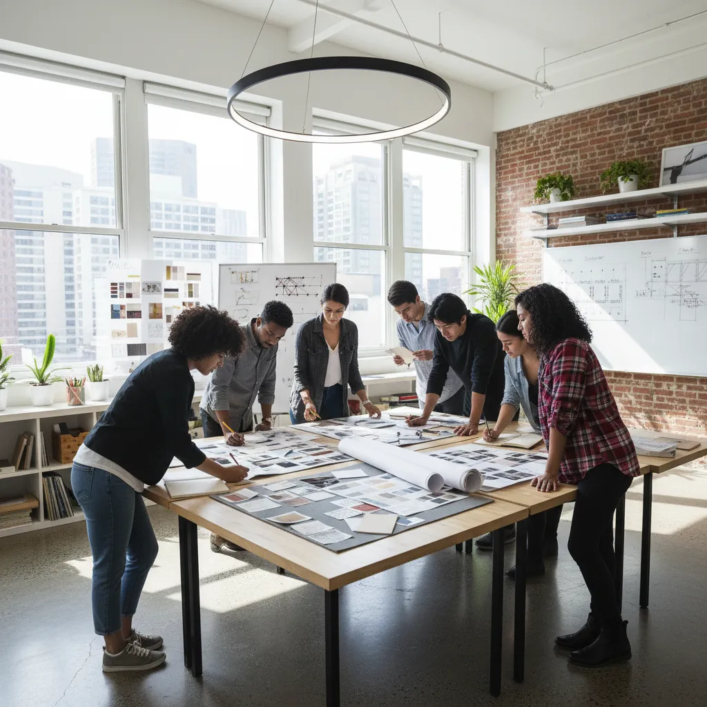 Group of designers collaborating on interior design drawings and material boards in a bright studio