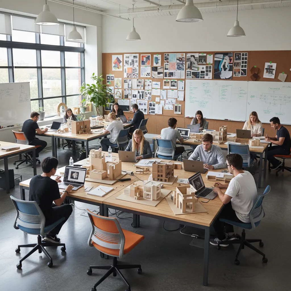 People working on laptops with wooden building models in a bright interior design studio space