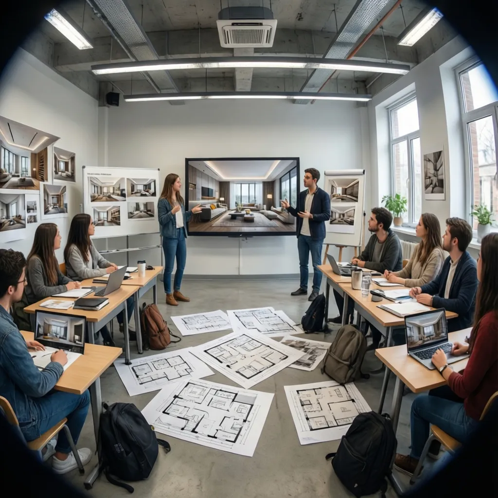 Clase universitaria de diseño de interiores con estudiantes revisando proyectos