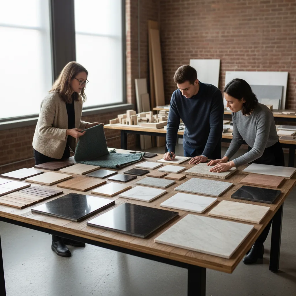 Muestras de materiales de interiorismo sobre una mesa de estudio