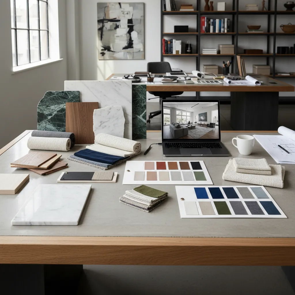 Mesa con muestras de materiales usados en diseño de interiores