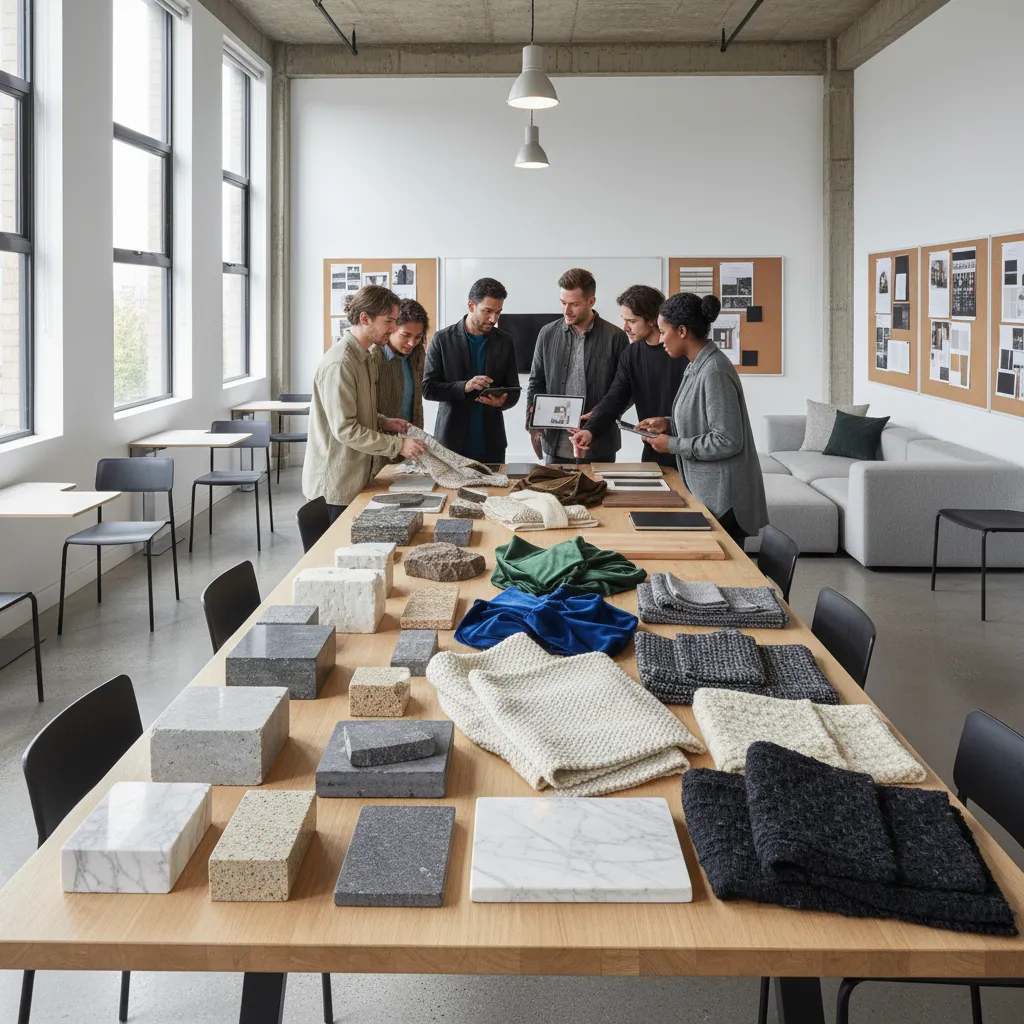 Clase de interiorismo con estudiantes analizando materiales y colores