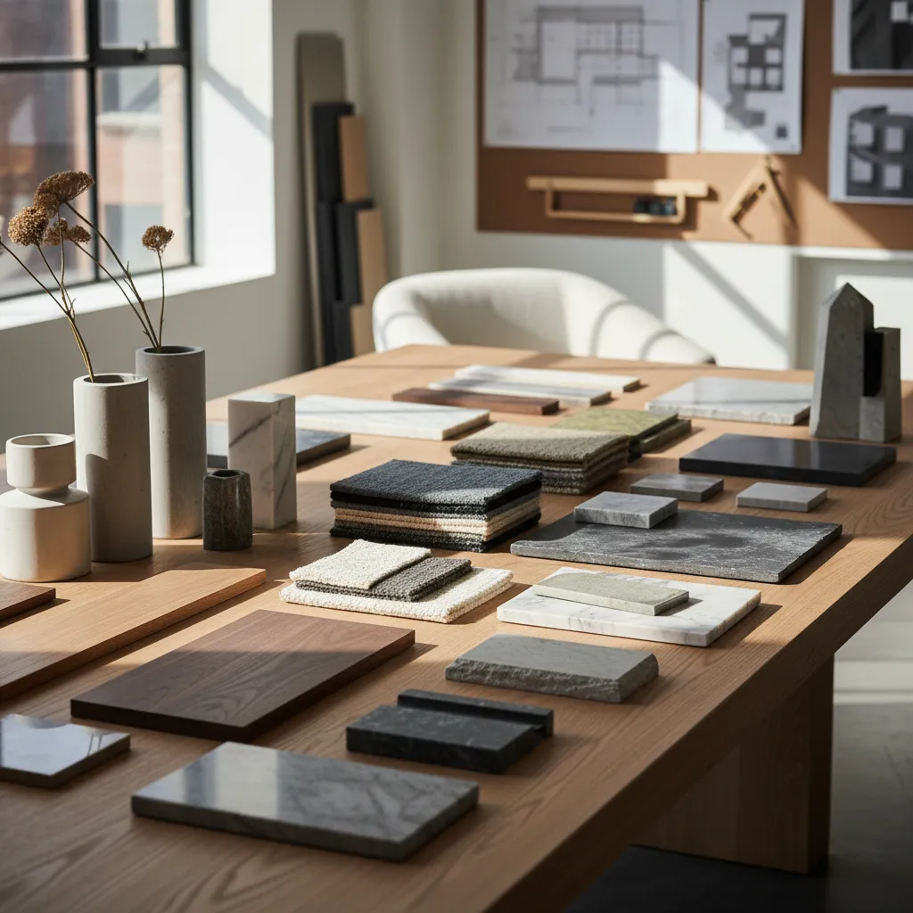 muestras de materiales de interiorismo como madera, telas y piedra en mesa de estudio