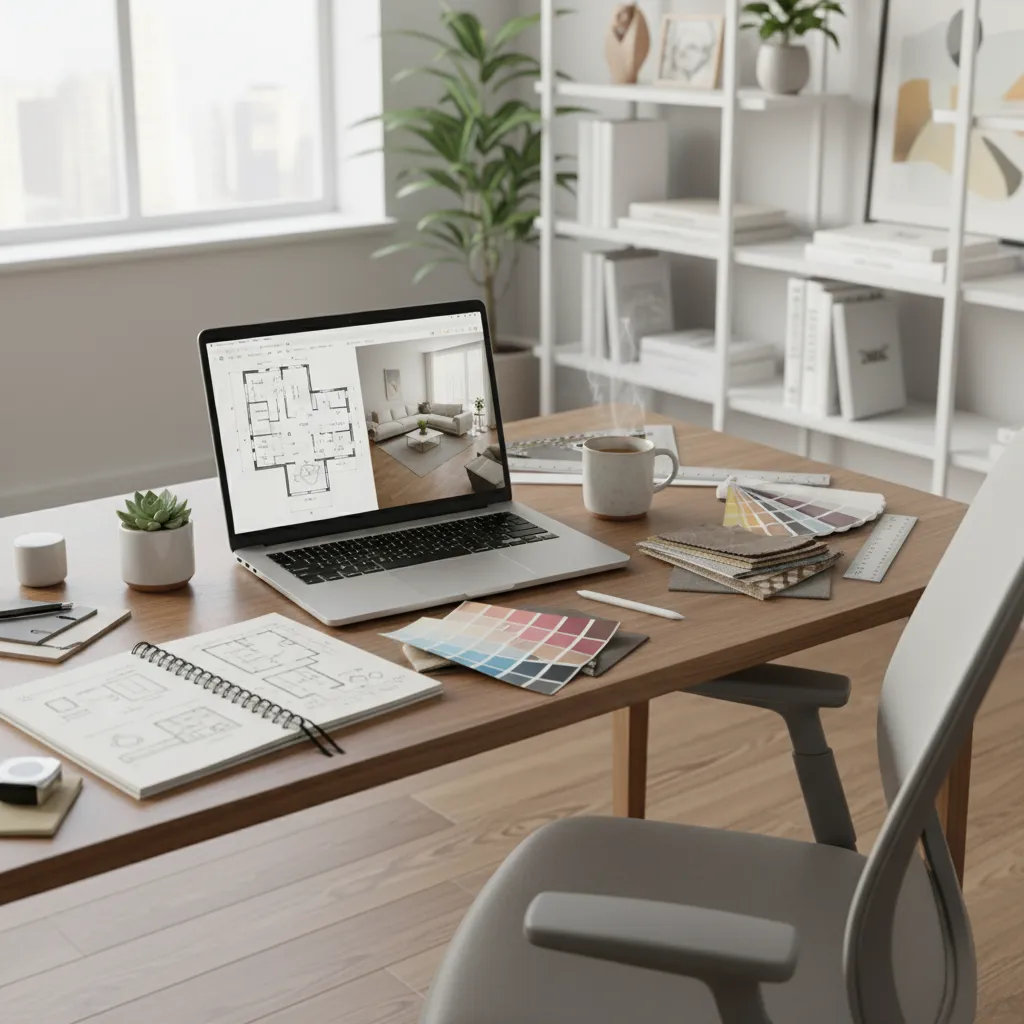 Laptop showing room floor plan and interior design drawing with fabric samples and color swatches