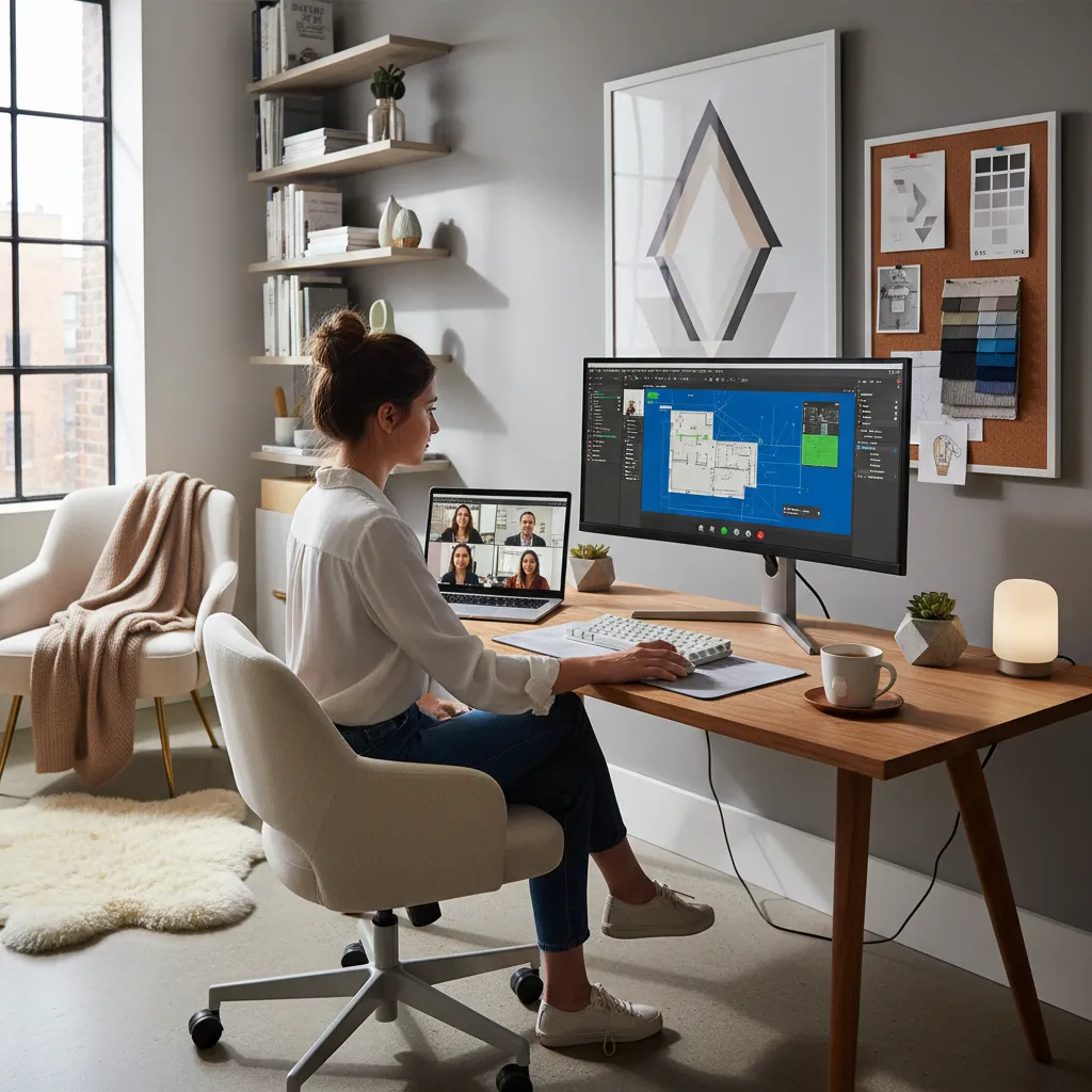 Woman sitting at desk using Coohom for room layout design during an online video call