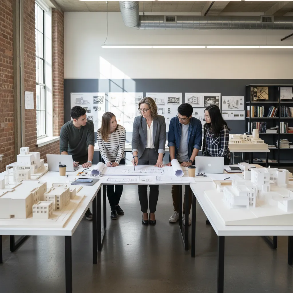 Clase universitaria revisando planos y maquetas de interiores