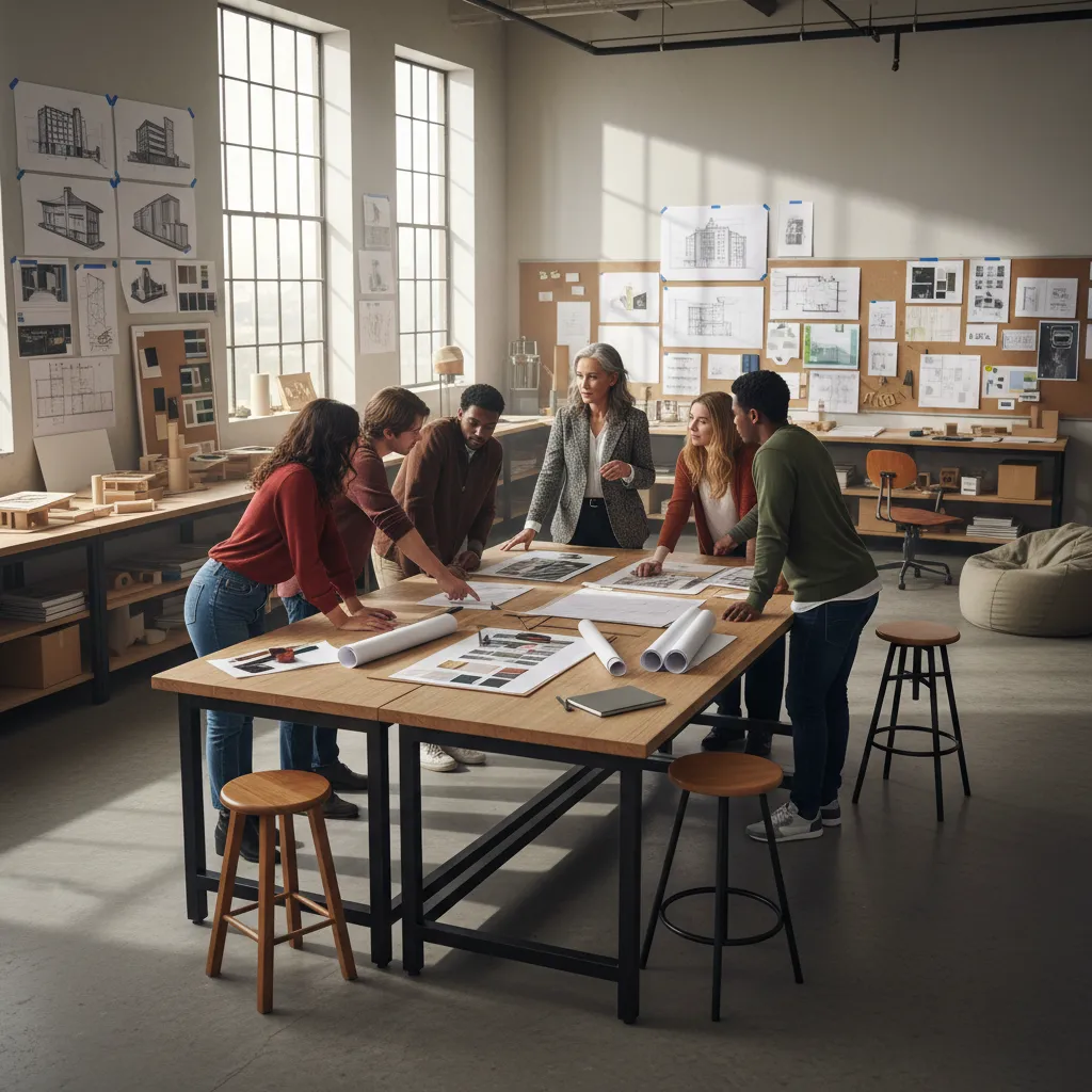 Group of students discussing interior design drawings around a large table in a bright studio