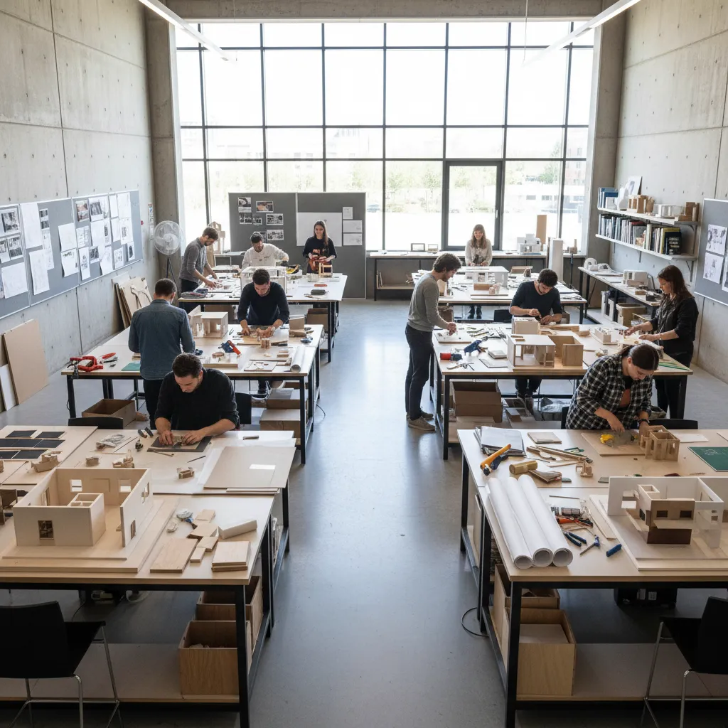 Taller presencial de estudiantes trabajando en maquetas de interiorismo