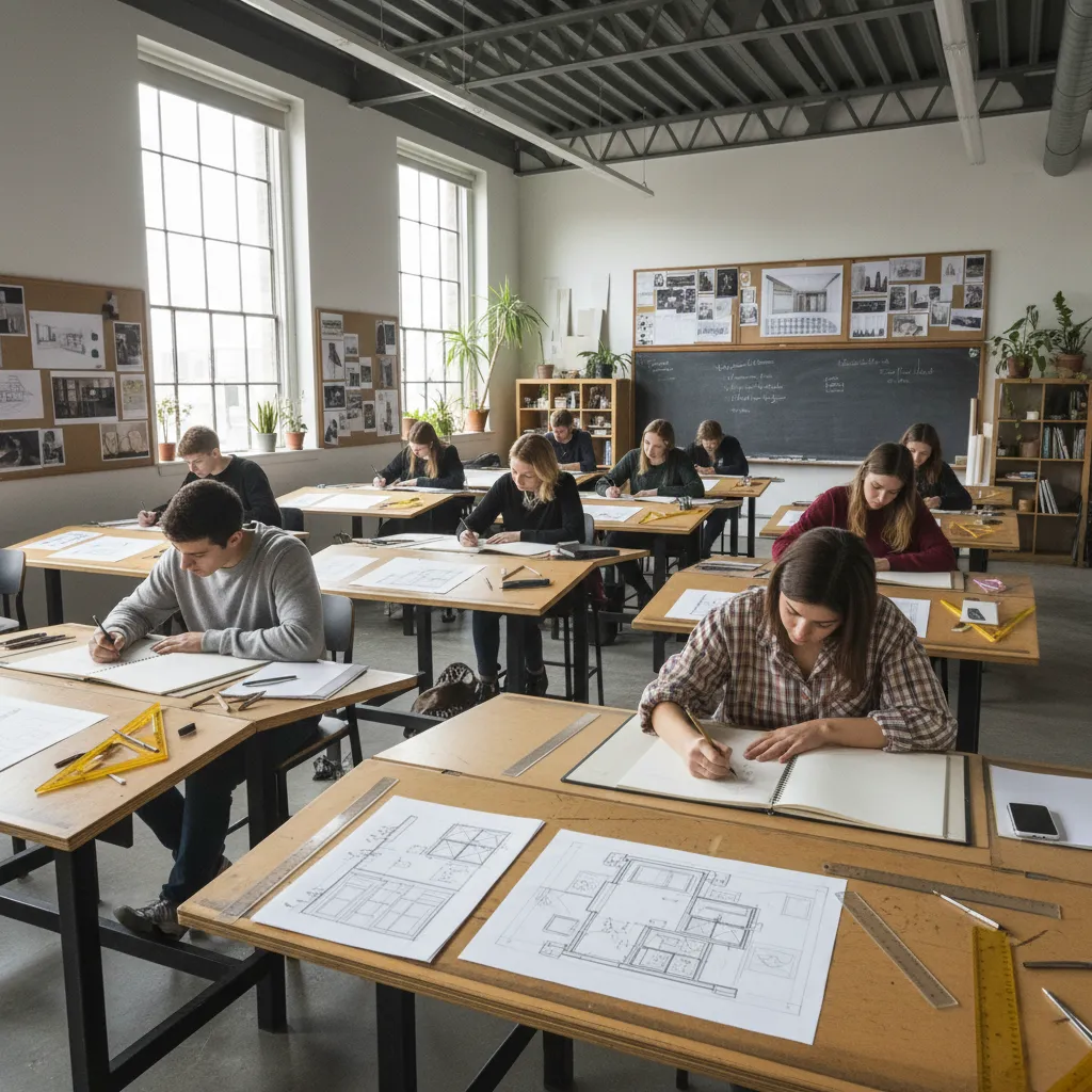 Estudiantes practicando dibujo técnico y bocetos de interiores