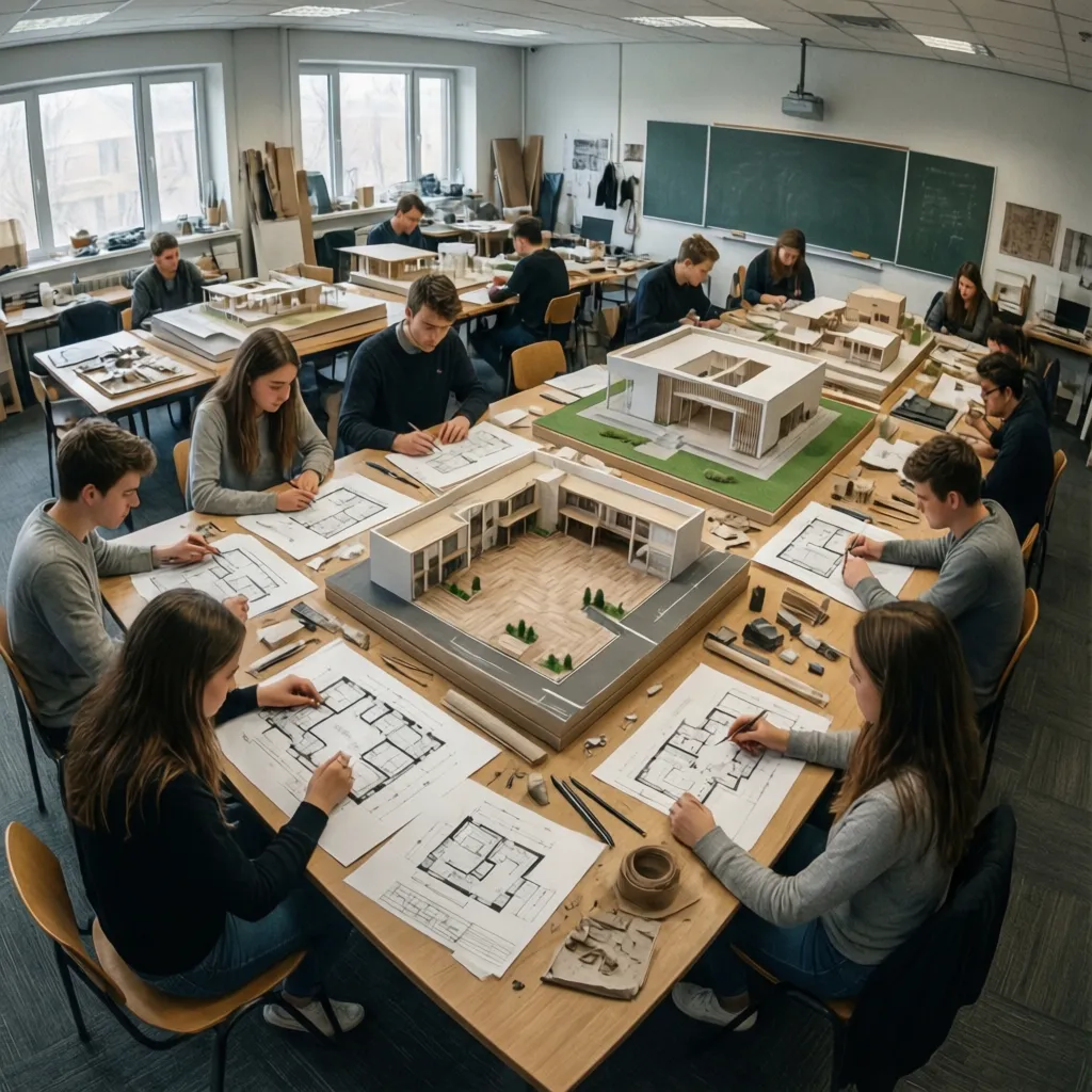 Clase de diseño de interiores con estudiantes revisando planos y maquetas