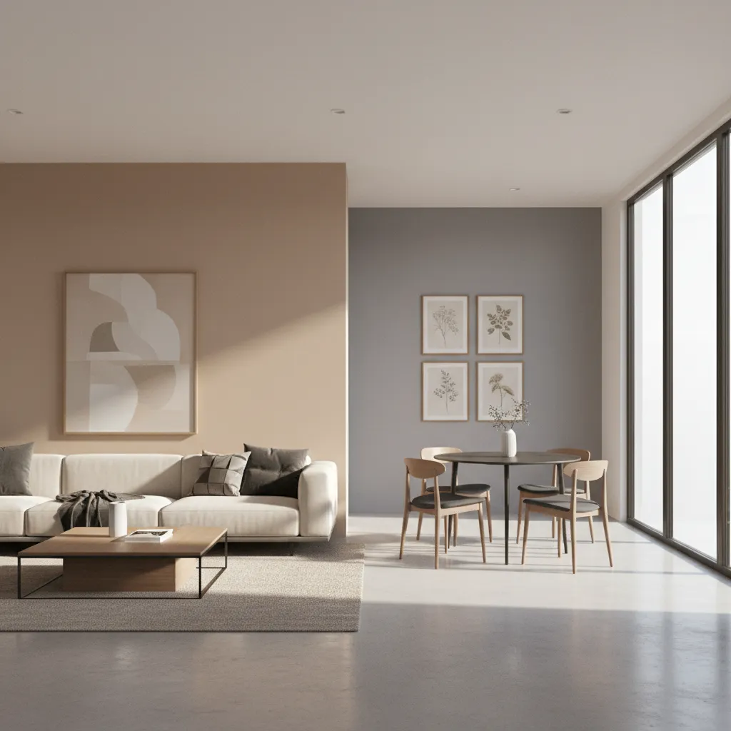 Open concept living dining room showing mismatched wall colors