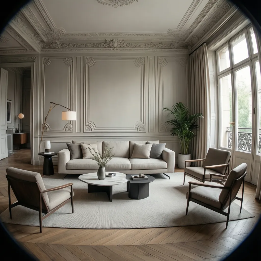 Elegant living room with grey sofa three armchairs marble coffee table wall panels and plant