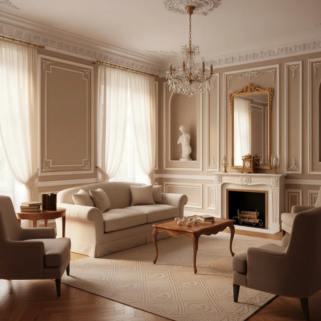 Pared con panelado clásico en un salón elegante