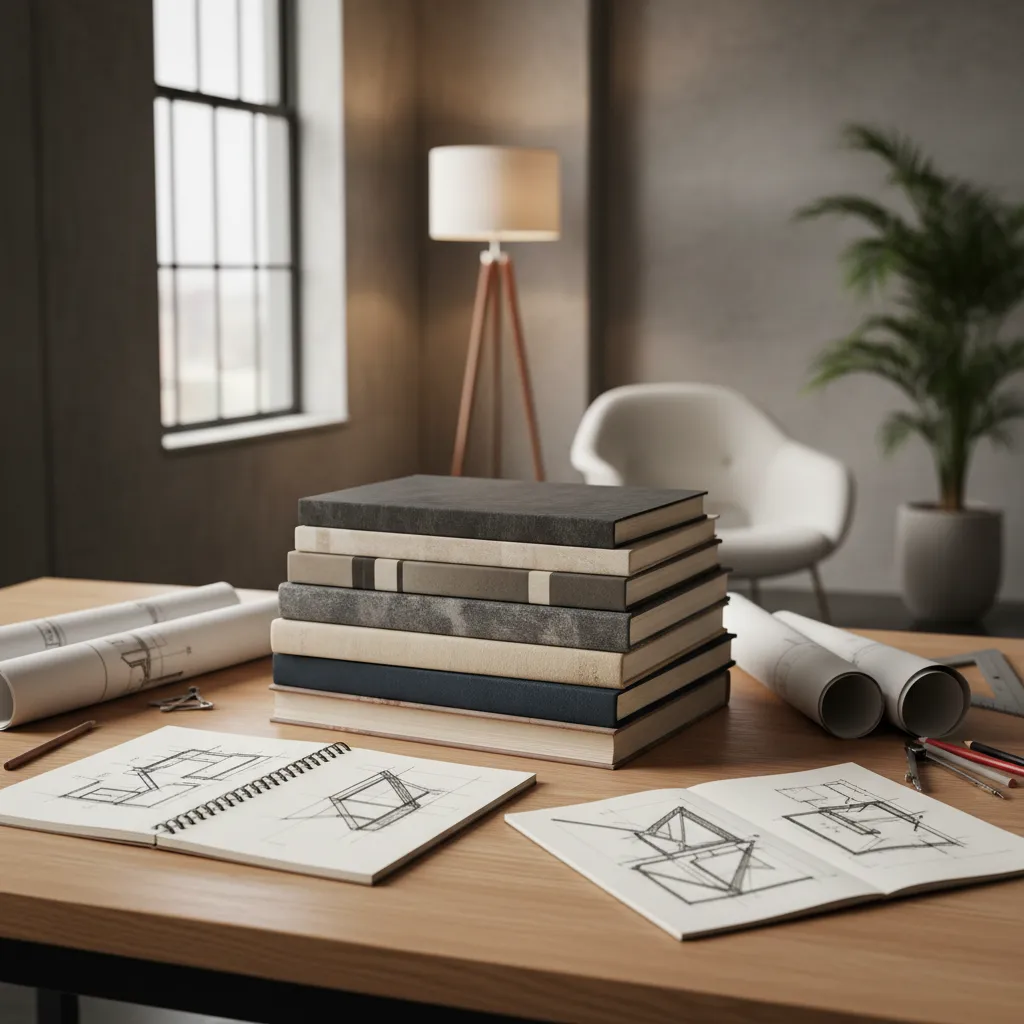 Colección de libros clásicos de diseño de interiores sobre una mesa