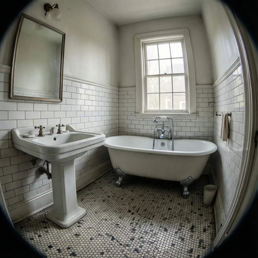 1920s bathroom layout with hex tile floor and subway tile wall wainscot