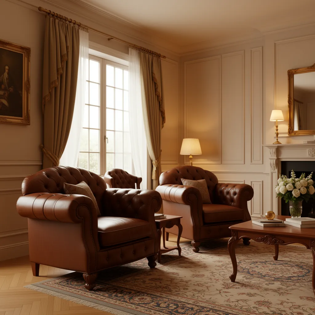 Classic tufted armchair 3D model in a traditional luxury living room render