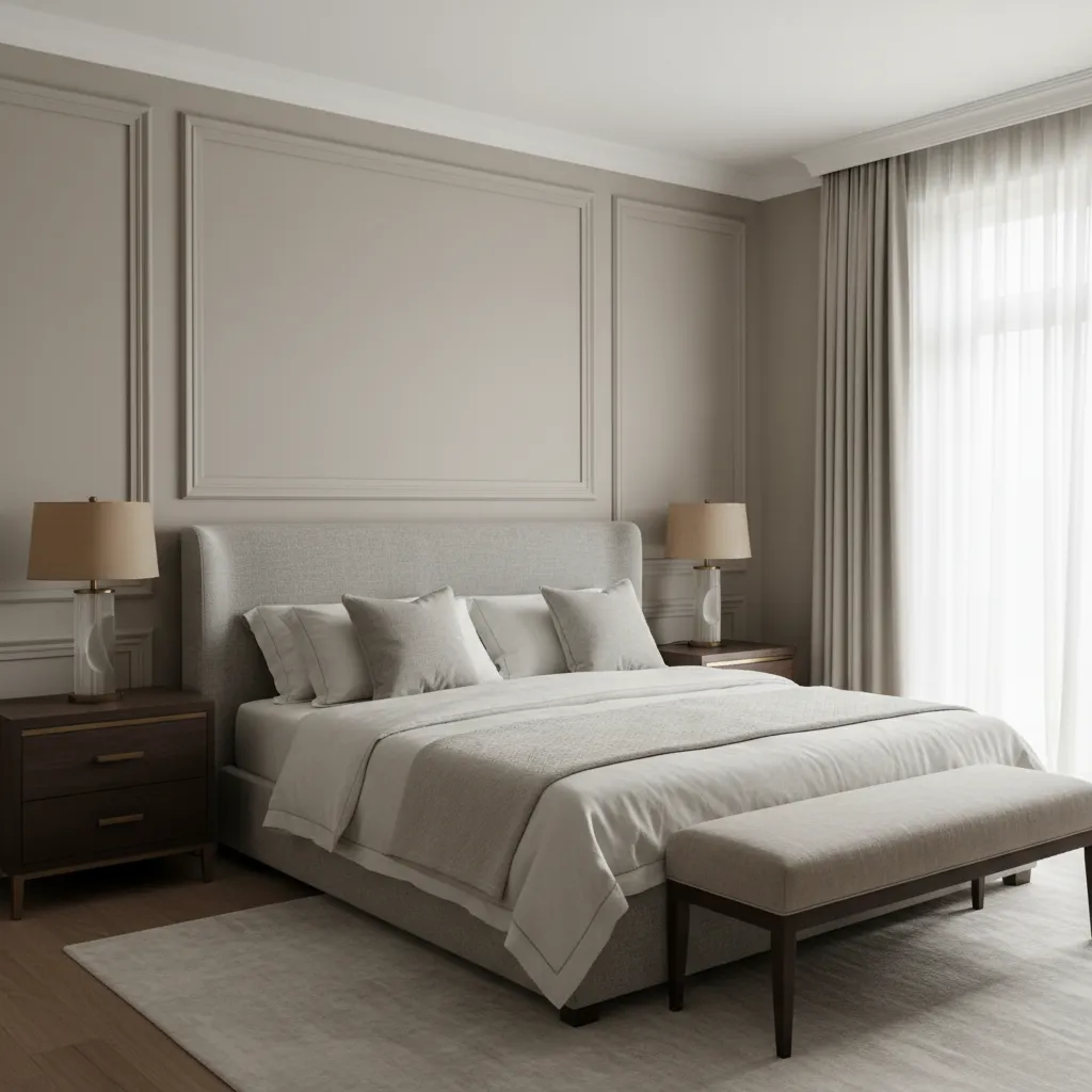 Bedroom with classic rectangular wall moulding panels painted in a soft neutral tone