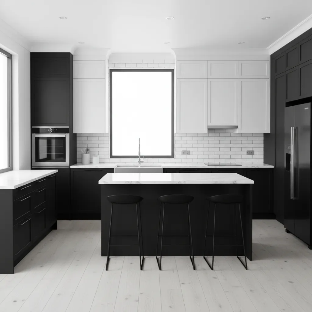 classic kitchen with black lower cabinets and white upper cabinets