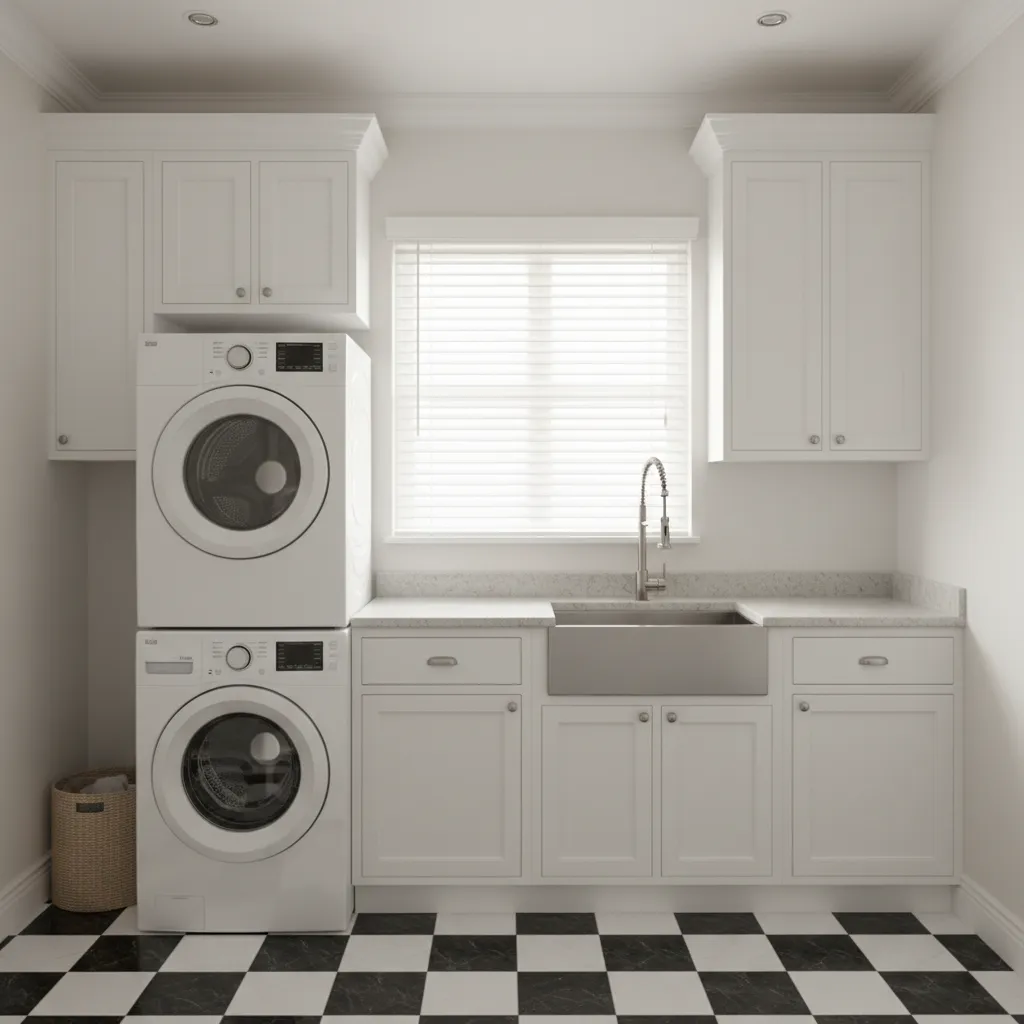 Bright laundry room with black and white checkerboard tile floor and storage cabinets