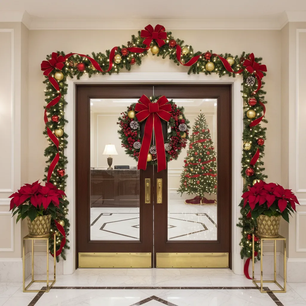 Classic Christmas themed office door with wreath garland and red ribbon decorations