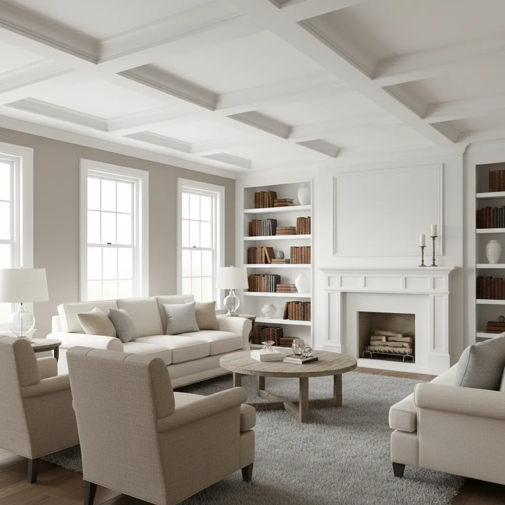 Traditional living room with white coffered ceiling and matte recessed panels