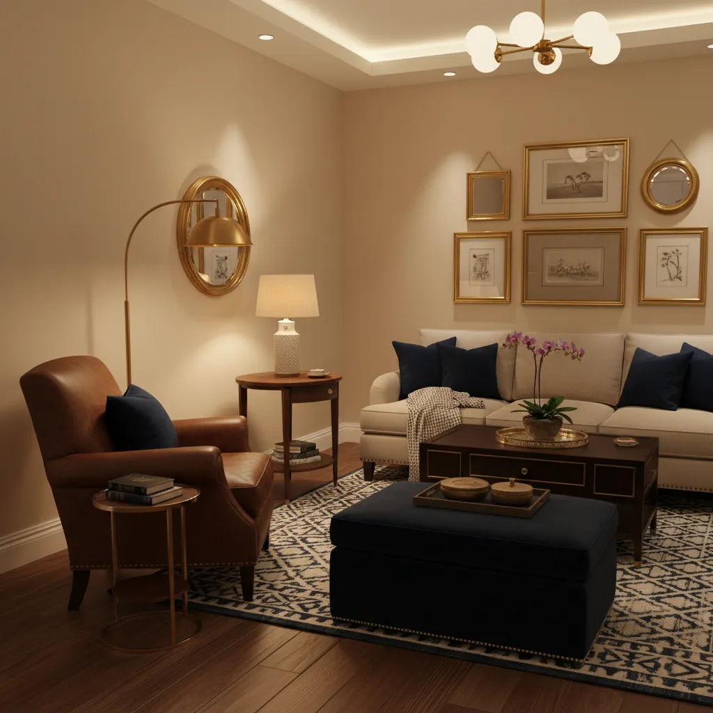 Small room using navy beige and brass palette inspired by Ralph Lauren interiors