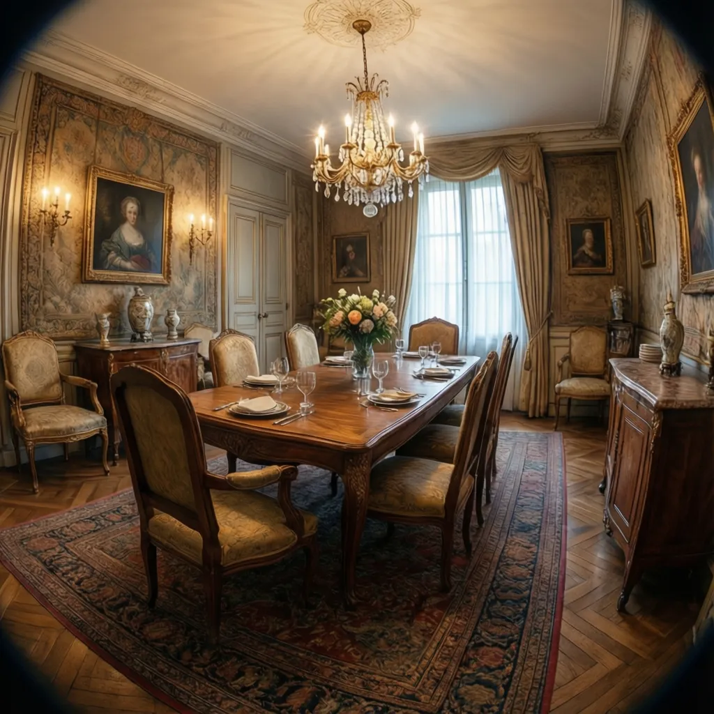 Comedor clásico con paredes revestidas en tela decorativa